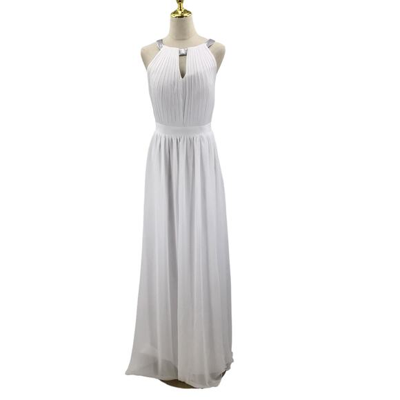 FORMAL SZ 12 L White Halter Cutout Pleated Bridal Party Maxi Dress NWT B42 flaw - Picture 1 of 9